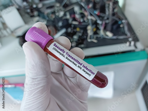 Doctor hold Blood sample for STI (Sexually Transmitted Infection) Test. Positive result test tube.