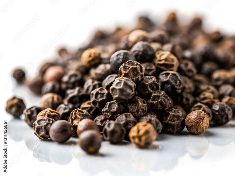 Obraz premium Macro tilt-shift photography showcases black peppercorns against a pure white backdrop. High-resolution stock image.