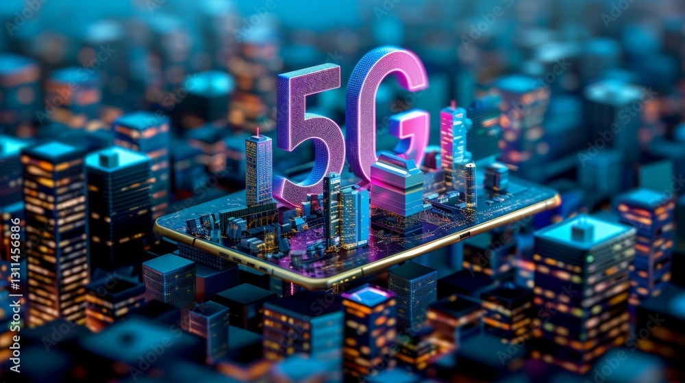 Obraz premium Futuristic 5G Technology Concept with Glowing Signal in Cityscape