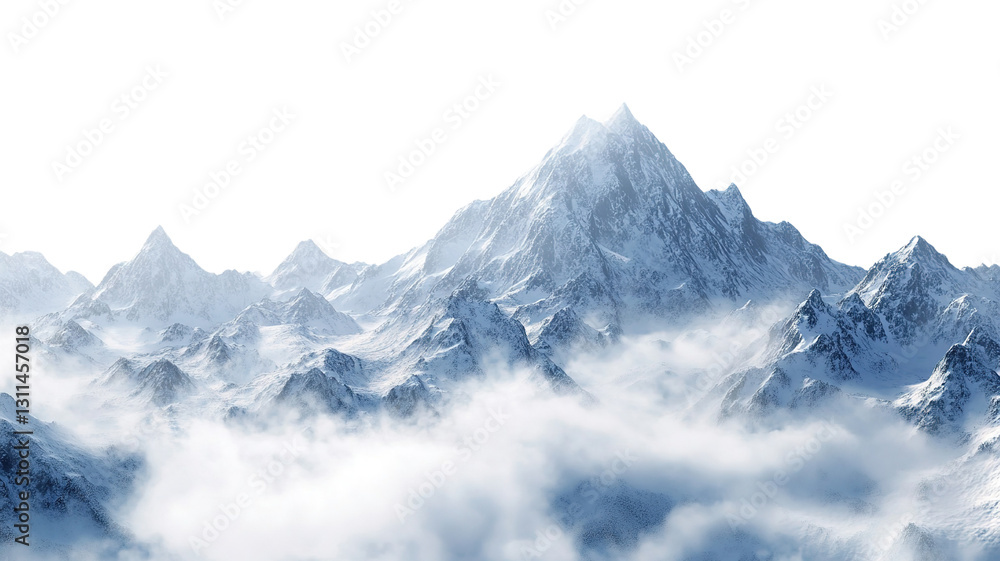 A panoramic view of snow-clad mountain summits reaching high into the sky, isolated on a transparent background. A panoramic view of snow-clad mountain summits reaching high into the sky, isolated on a transparent background.