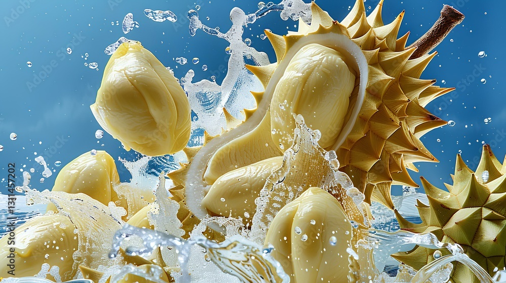durian juice waterfall splash, liquid explosion, delicate durian