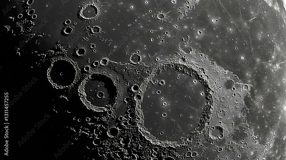 dark side of the moon, lunar craters, top view, black and white