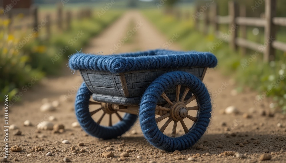 Fototapeta premium Rustic Blue Wooden Wagon on Dirt Road Prop