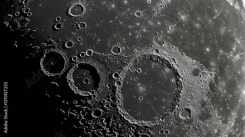dark side of the moon, lunar craters, top view, black and white