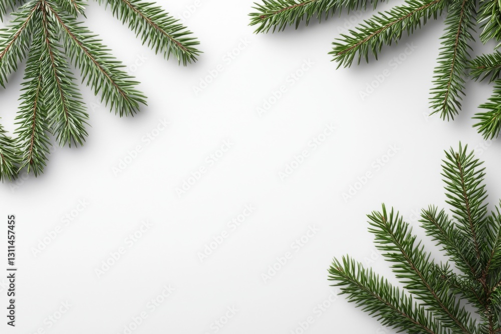 Fresh green pine branches arranged on a clean white background Fresh green pine branches arranged on a clean white background
