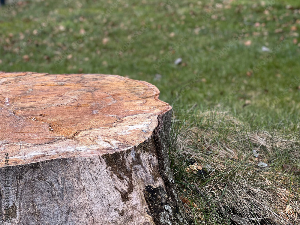 A large fresh sawn off tree stump in the garden A large fresh sawn off tree stump in the garden