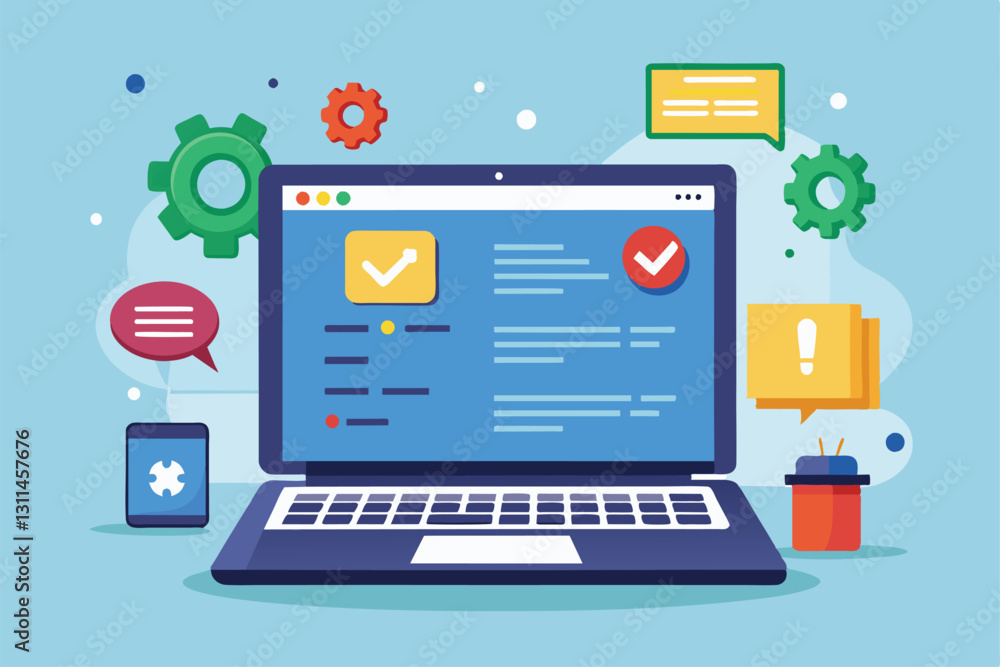 A programmer is addressing software issues on a laptop surrounded by interface elements and notifications, programming software problems on laptop A programmer is addressing software issues on a laptop surrounded by interface elements and notifications, programming software problems on laptop
