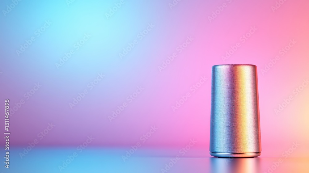 This image showcases a sleek metallic speaker standing against a vibrant gradient backdrop of blue and pink hues, drawing attention to its modern design and texture. This image showcases a sleek metallic speaker standing against a vibrant gradient backdrop of blue and pink hues, drawing attention to its modern design and texture.