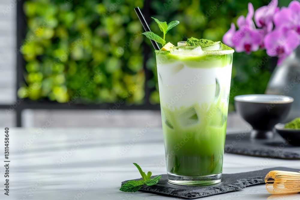Refreshing Iced Matcha Latte in a Transparent Glass with Mint Refreshing Iced Matcha Latte in a Transparent Glass with Mint