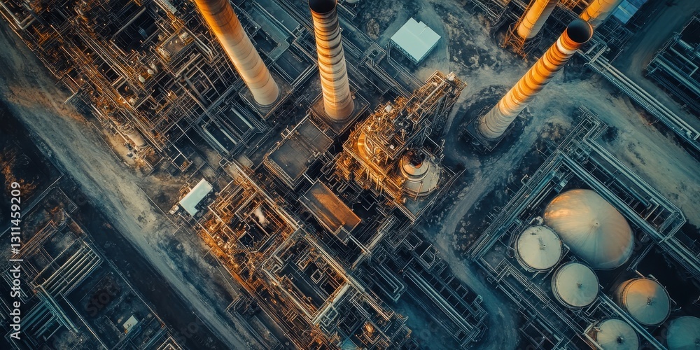 Aerial view of an oil refinery captured by drone, showcasing industrial structures and energy production. Aerial view of an oil refinery captured by drone, showcasing industrial structures and energy production.