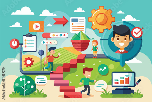 A colorful cartoon showcases characters climbing stairs, reflecting a journey of progress and growth with various icons, Progress overview Customizable Cartoon Illustration