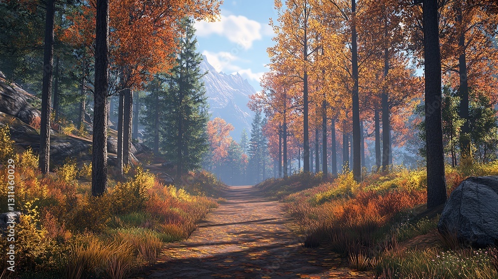 Fototapeta premium A serene forest trail with tall trees on either side