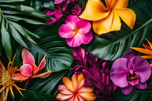 Tropical Paradise: An overhead view of a vibrant arrangement of diverse tropical flowers, nestled amongst lush green foliage, create an immersive experience of color, life and nature.