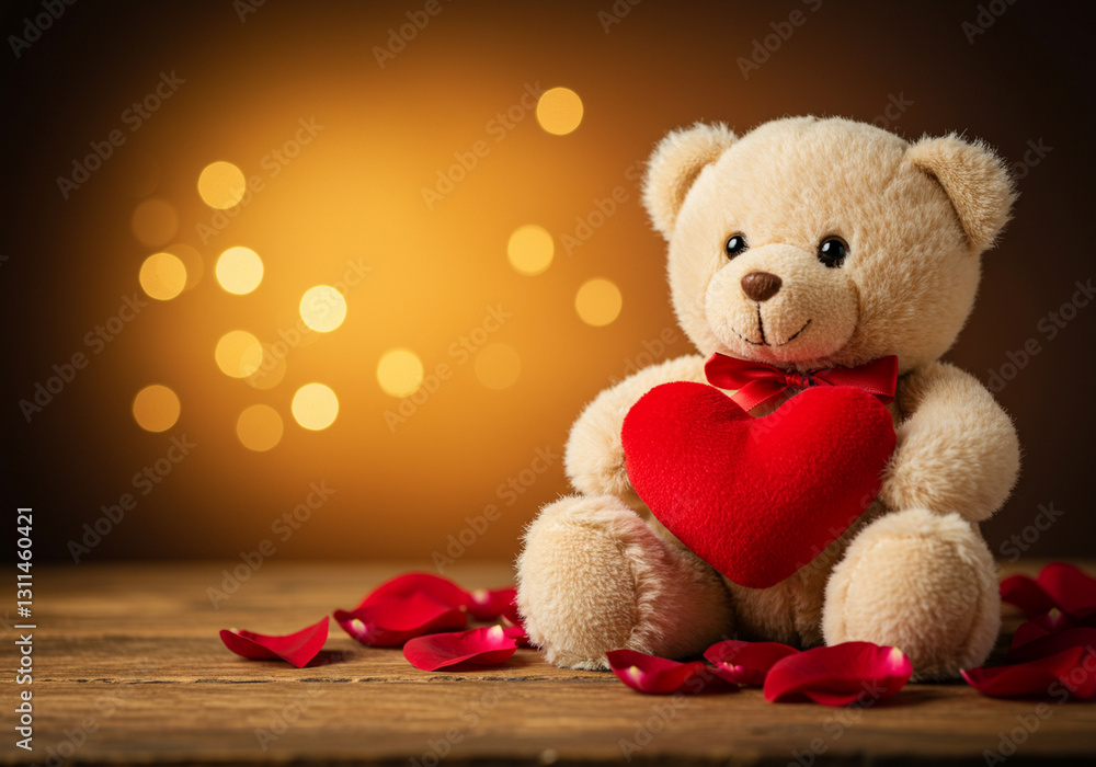 Obraz premium Teddy Bear Holding Heart with Rose Petals Romantic Valentine's Gift