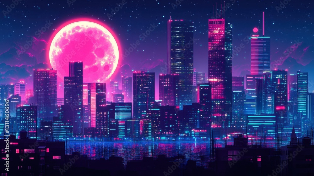 Fototapeta premium Futuristic Cityscape at Night with Pink Moon Pixel Art Illustration