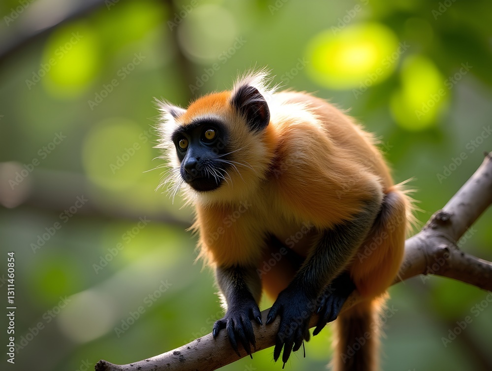 Redshanked Douc Langur Pygathrix nemaeus phylum Chordata class Mammalia order Primates family Cercopithecidae resting a branch in the forest canopy its vibrant fur glowing under sunlight Redshanked Douc Langur Pygathrix nemaeus phylum Chordata class Mammalia order Primates family Cercopithecidae resting a branch in the forest canopy its vibrant fur glowing under sunlight