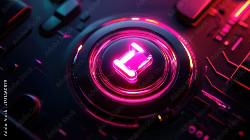A cyberpunk-style power button with a glossy, transparent core, pulsating with neon iridescent energy in deep darkness. A cyberpunk-style power button with a glossy, transparent core, pulsating with neon iridescent energy in deep darkness.