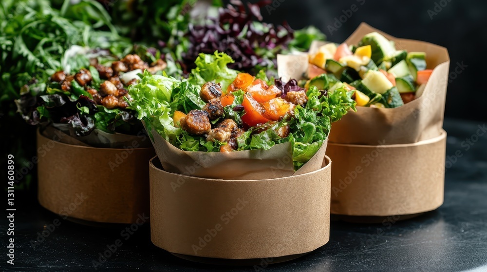 An assortment of fresh salad bowls filled with colorful greens, tomatoes, and various vegetables showcasing a healthy and appetizing meal perfect for dining or sharing. An assortment of fresh salad bowls filled with colorful greens, tomatoes, and various vegetables showcasing a healthy and appetizing meal perfect for dining or sharing.