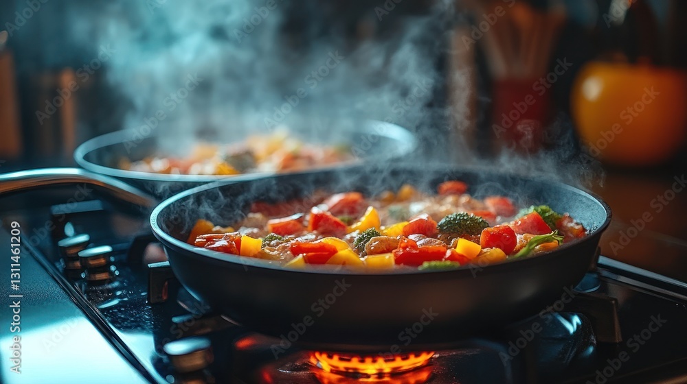 Cooking vegetables in two pans on stovetop, steam rising Cooking vegetables in two pans on stovetop, steam rising