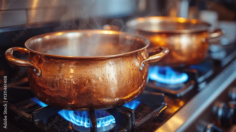 Copper Pots Boiling on Gas Stove, Restaurant Kitchen Copper Pots Boiling on Gas Stove, Restaurant Kitchen