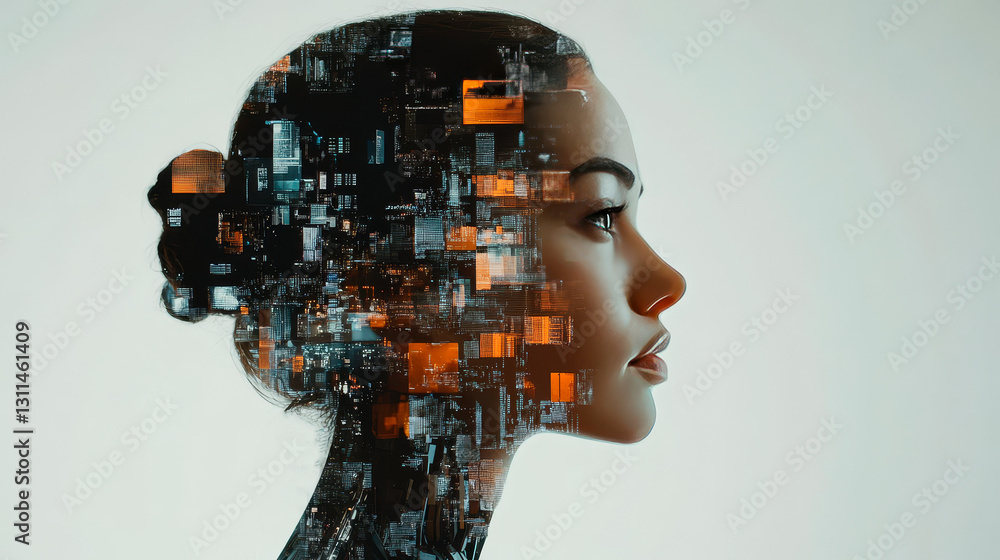 Female robot head with AI-generated patterns and numerical calculations on a neutral background. A futuristic and high-tech concept, ideal for AI projects, technology branding Female robot head with AI-generated patterns and numerical calculations on a neutral background. A futuristic and high-tech concept, ideal for AI projects, technology branding