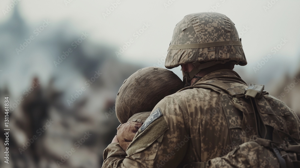 Soldier carrying injured comrade on battlefield during combat Soldier carrying injured comrade on battlefield during combat