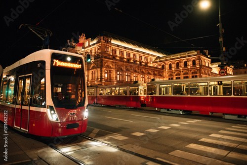Photography Opera House and Trams in Vienna in the Evening
