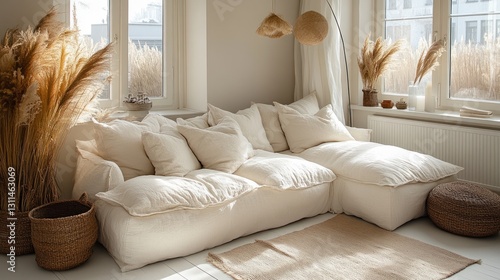 Cozy cream sectional in sunlit living room with pampas grass photo