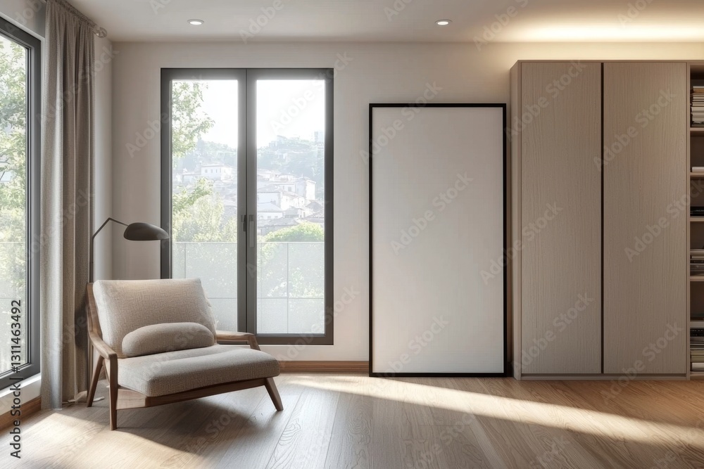 Fototapeta premium Elegant decor with hardwood flooring and simple lines.