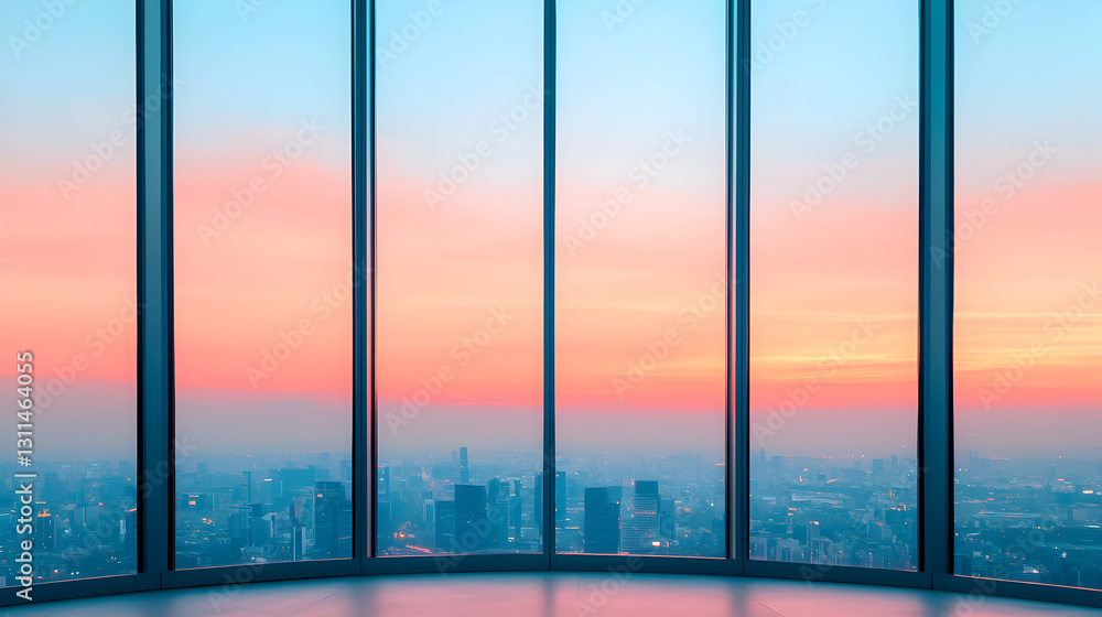 Fototapeta premium Sunset view from high-rise building cityscape photograph urban panoramic tranquility