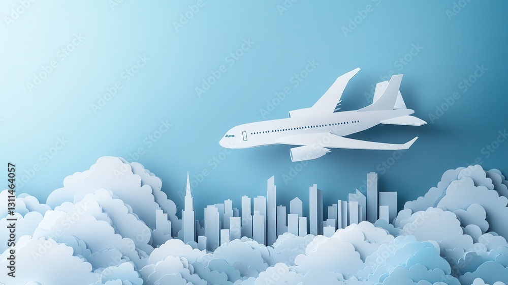 Fototapeta premium Paper Cut Airplane Flying Above Cloudy Cityscape