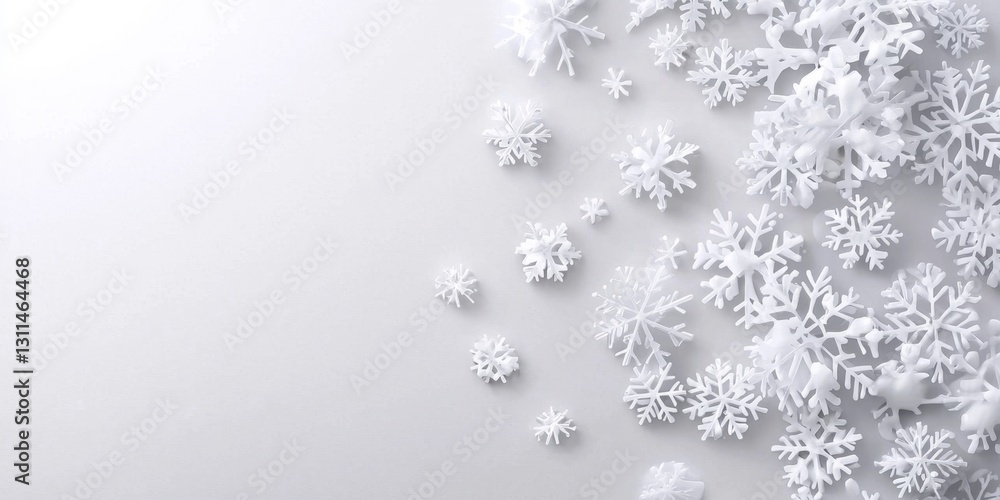 An elegant display of snowflakes against a pale white background. An elegant display of snowflakes against a pale white background.