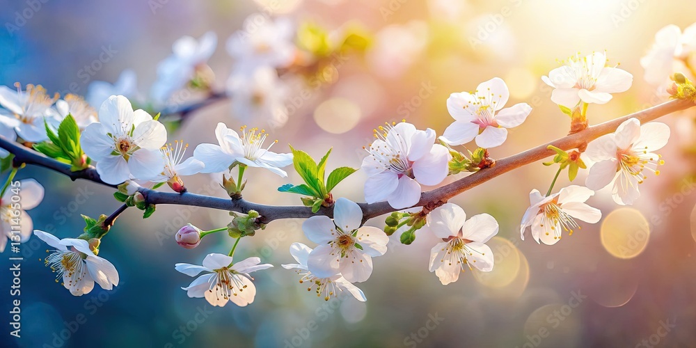 Obraz premium Serene white flowers; a peaceful spring scene. Delicate branch, ethereal image.