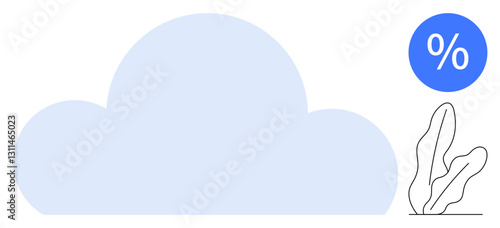 Blue cloud in soft shape paired with percentage icon and linear plant detail. Ideal for technology, data analytics, cloud storage, finance, sustainability, growth, innovation. Flat simple metaphor