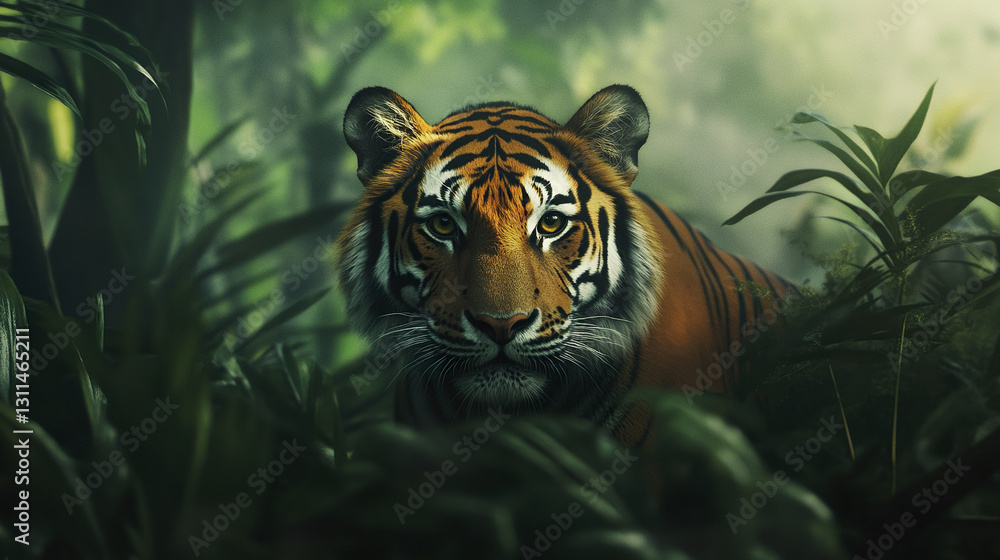 majestic tiger in dense rainforest setting, surrounded by lush greenery