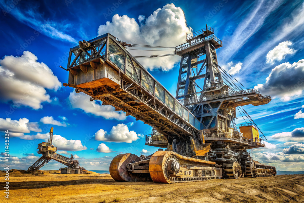 Massive excavator machinery under bright blue sky with clouds Massive excavator machinery under bright blue sky with clouds
