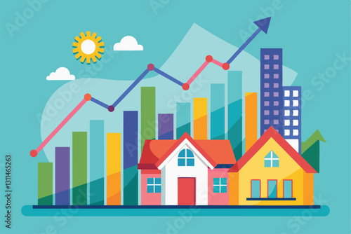 Colorful graphs show rising property sales targets alongside house icons under a bright sun and clouds, Property sales targets trending