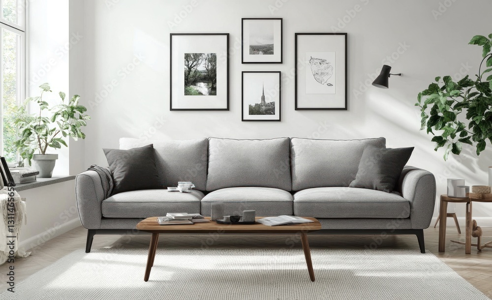 Modern living room with grey sofa, coffee table, and framed art. Modern living room with grey sofa, coffee table, and framed art.