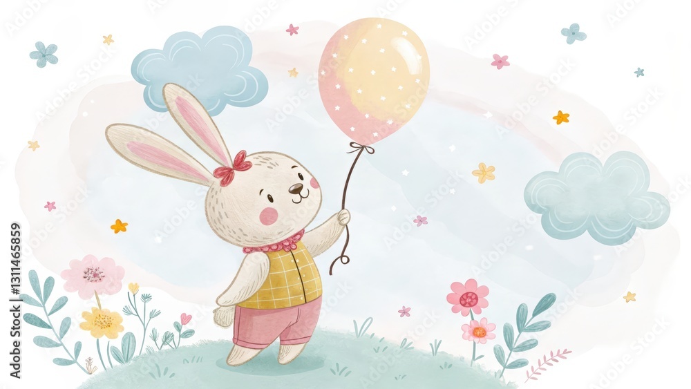 A cute rabbit holds a balloon amidst colorful flowers and clouds, creating a whimsical, cheerful scene perfect for children's art. A cute rabbit holds a balloon amidst colorful flowers and clouds, creating a whimsical, cheerful scene perfect for children's art.