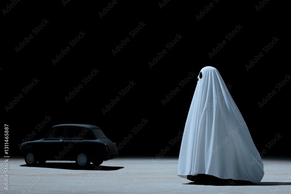 A ghostly figure in a white sheet stands beside a vintage black car A ghostly figure in a white sheet stands beside a vintage black car
