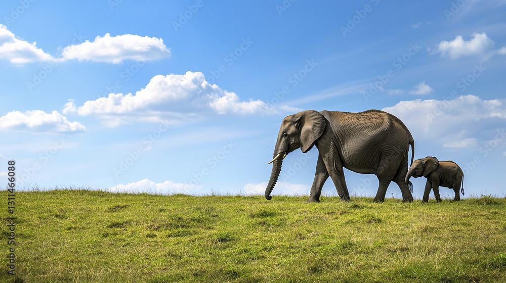 Fototapeta premium Elephants walking on grassy field under blue sky with clouds