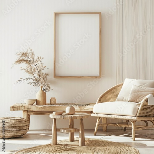 Fototapeta Naklejka Na Ścianę i Meble -  Minimalist living room interior with a wicker armchair. wooden coffee table. and a large empty frame on the wall