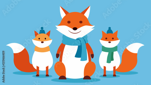 Victory Pose After completing their snowman a group of five foxes gathers around their snowy creation striking a victory pose. They each wear unique vibrant scarves and have big