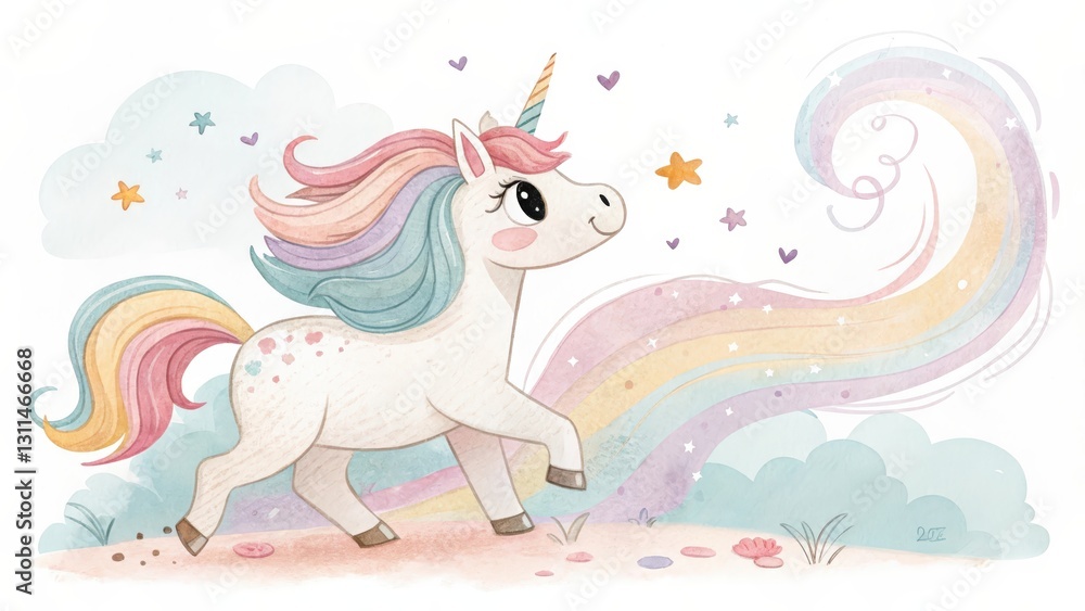 Fototapeta premium A whimsical unicorn with a colorful mane prances through a dreamy landscape, surrounded by stars and a vibrant rainbow.