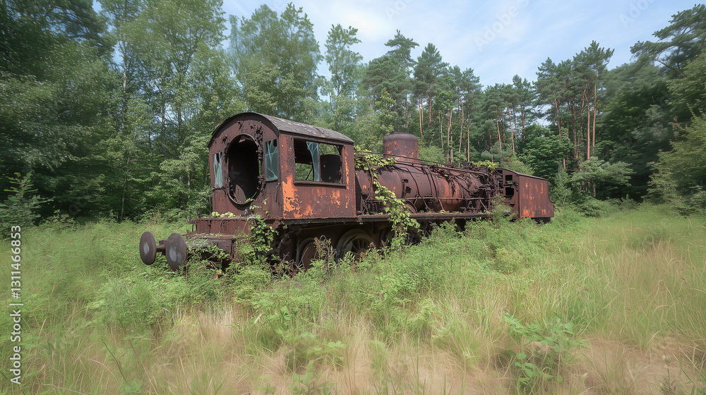 A rusted locomotive stands forgotten, overtaken by nature’s grip