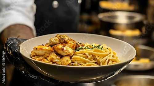 Close Up of a Plate of Creamy Pasta with Glazed Chicken, Restaurant Setting