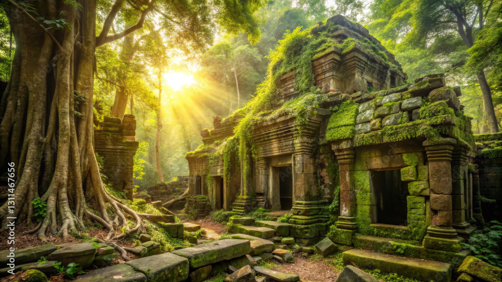 Ancient temple ruins surrounded by lush greenery and sunlight Ancient temple ruins surrounded by lush greenery and sunlight