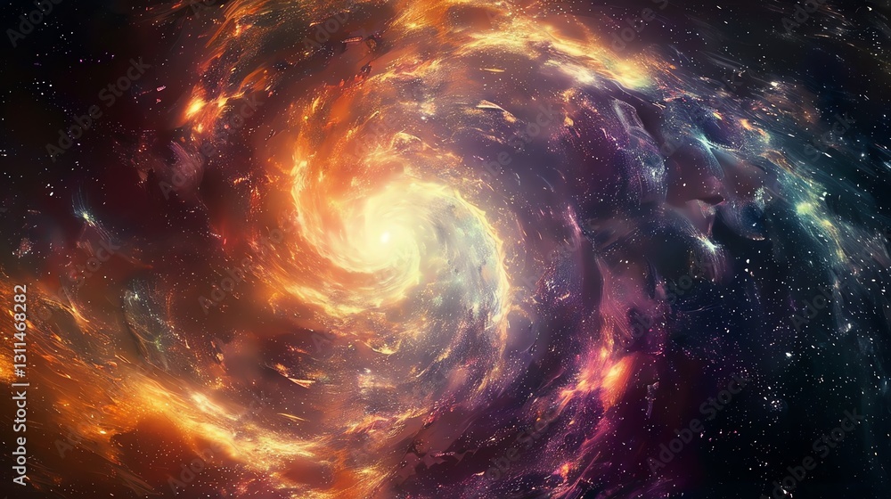 A swirling, vibrant nebula with hues of orange, yellow, purple, and blue. A swirling, vibrant nebula with hues of orange, yellow, purple, and blue.