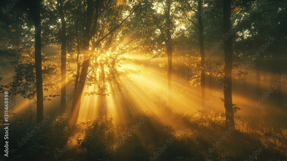 Obraz premium Golden Sunlight Streaming Through Misty Forest at Sunrise
