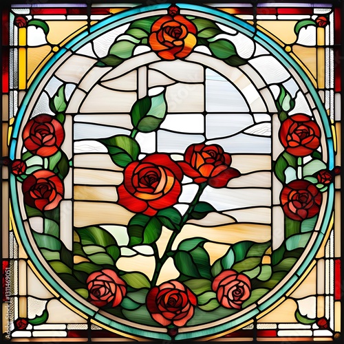 Intricate Stained Glass Panel with Red Roses and Green Leaves - Vibrant Decorative Floral Art Perfect for Home Decor, Artistic Displays, and Craft Inspiration
